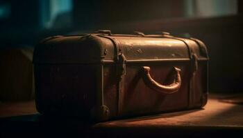 Old fashioned leather suitcase, rusty lock, elegant nostalgia generated by AI photo