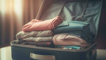 Stack of folded clothing on comfortable bed generated by AI photo