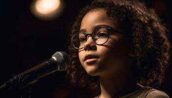 Young adult musician singing on illuminated stage generated by AI photo