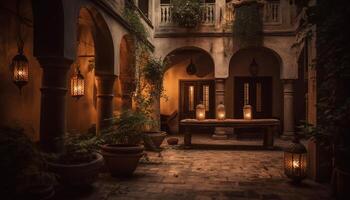 Illuminated lanterns adorn old architecture at dusk generated by AI photo