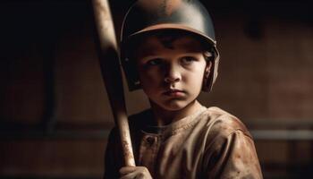 Young boy wears helmet, dreams of future generated by AI photo