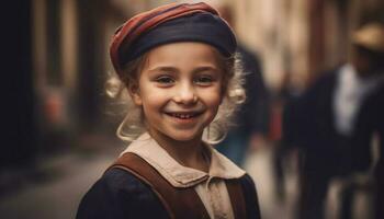 linda niño con con dientes sonrisa, al aire libre en invierno generado por ai foto