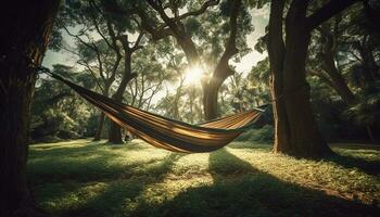 Tranquil hammock sways under autumn tree branch generated by AI photo