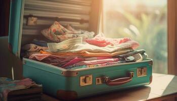 Stack of old fashioned luggage in messy bedroom generated by AI photo