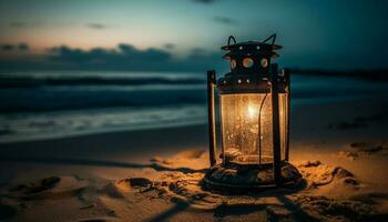 Glowing lantern illuminates tranquil seascape at dusk generated by AI photo