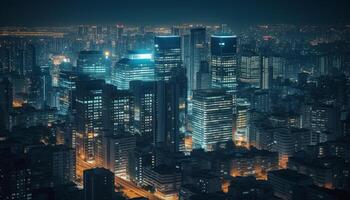 Illuminated city skyline, modern architecture, bustling traffic generated by AI photo