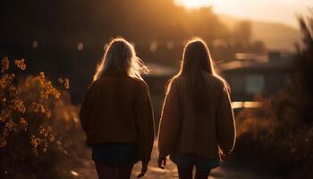 Young adult couple embraces in autumn sunset generated by AI photo