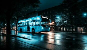 iluminado doble decker autobús velocidades mediante concurrido ciudad calles a oscuridad generado por ai foto