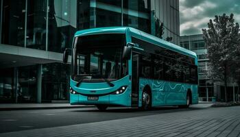 Double decker bus speeds through city traffic, commuters on the move generated by AI photo
