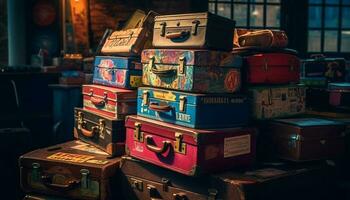 Antique luggage stack, a travel collection of cultures and destinations generated by AI photo