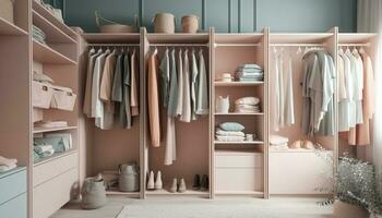 Modern fashion collection hanging in clean, elegant bedroom closet generated by AI photo