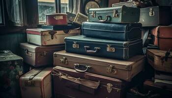 Antique leather luggage stack, revival of old fashioned travel elegance generated by AI photo