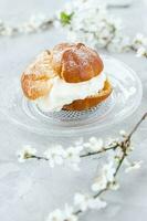 Choux Bun with whipped cream. Choux pastry dessert. French cream puff. Still life photo