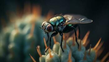 peludo mosca doméstica pierna, verde fondo, selectivo atención generado por ai foto