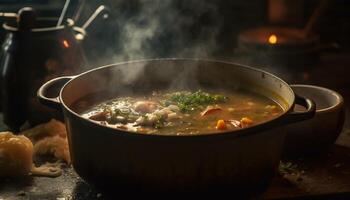 Freshly cooked stew in rustic crockery bowl generated by AI photo