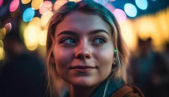 Smiling young women enjoy Christmas lights outdoors generated by AI photo