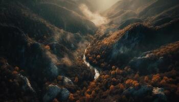 Mountain range, forest, and fog create mystery generated by AI photo