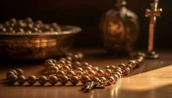 Rosary beads cross bible Christianity generated by AI photo