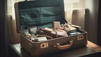 Leather suitcase packed for old fashioned adventure generated by AI photo
