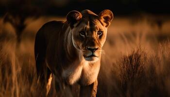 Majestic lioness walking through savannah at dusk generated by AI photo