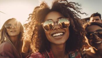 Smiling friends enjoy carefree summer road trip generated by AI photo