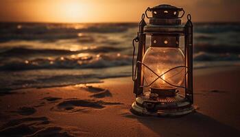 Romantic antique lantern illuminates glowing sunset coastline adventure generated by AI photo