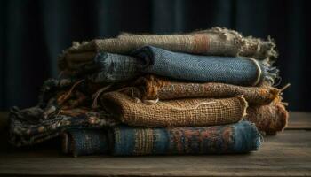 Woven wool garment stack, rustic decoration elegance generated by AI photo