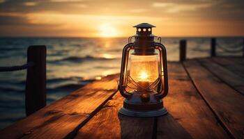 Old fashioned lantern illuminates rustic wooden table outdoors generated by AI photo