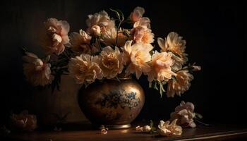 Rustic vase holds ornate bouquet of fresh flowers generated by AI photo