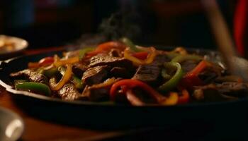 Grilled beef and vegetable stir fry plate generated by AI photo