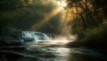 puesta de sol terminado el bosque, agua fluido pacíficamente generado por ai foto