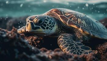 Tropical sea turtle swimming in coral reef generated by AI photo