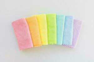 New microfiber cloth for cleaning and dusting. Seven rainbow colors. Top view photo