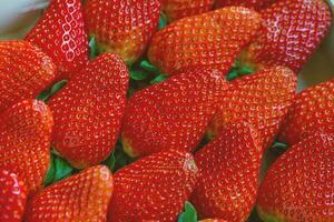 Fresh harvested strawberries in box, closeup photo