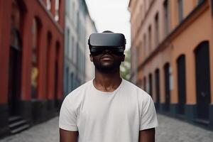 African man on street in virtual reality glasses on street. VR headset. photo