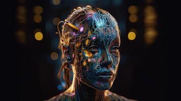 Futuristic android head, robot with distinct human facial features. photo