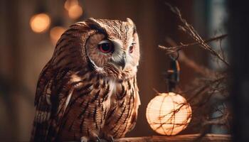 Great horned owl perching on spooky tree generated by AI photo