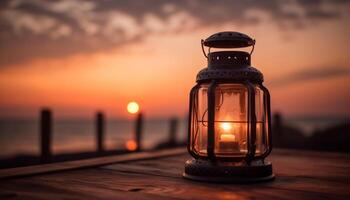 Glowing lantern illuminates rustic wood table at dusk generated by AI photo