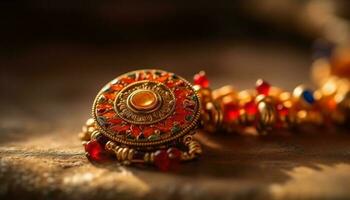 Ornate gold necklace symbolizes Hindu spirituality and wealth generated by AI photo
