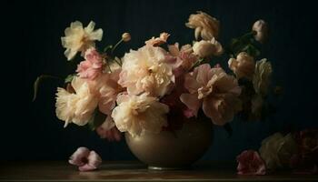 Fresh peony bouquet brings romance to table decor generated by AI photo