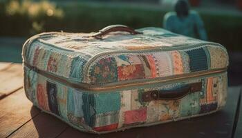 Old fashioned leather suitcase packed for summer vacation generated by AI photo