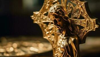antiguo oro estatua de Orando católico hombres generado por ai foto
