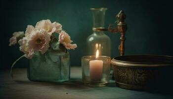 romántico luz de una vela ilumina antiguo todavía vida composición generado por ai foto
