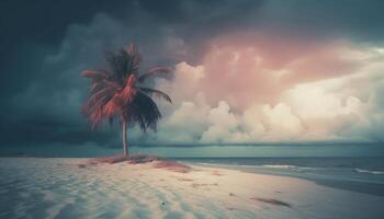 Idyllic sunset on tropical coastline, palm trees sway generated by AI photo