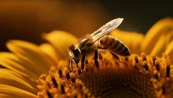 Busy honey bee pollinates single flower petal generated by AI photo
