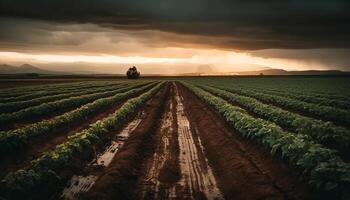 puesta de sol terminado rural granja, naturaleza belleza cosechado generado por ai foto