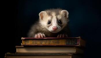 Fluffy puppy reading book, curious about science generated by AI photo