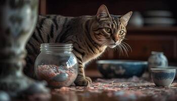 linda gatito jugando con juguete en mesa generado por ai foto