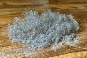 A pile of dust, dirt and hair lies on a wooden floor during cleaning. photo