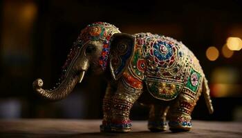 Elephant sculpture, ornate decoration, multi colored wood craft generated by AI photo